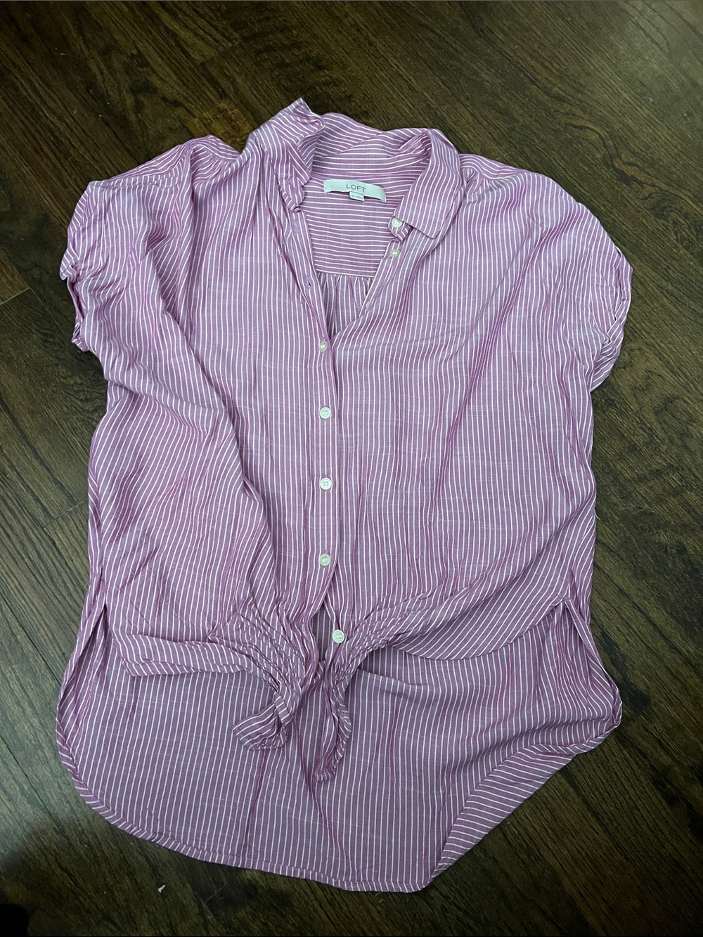 LOFT Pink and White Striped Tie-Front Button-Down Shirt